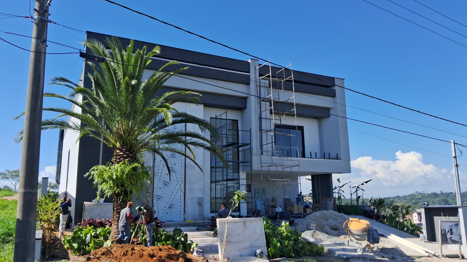 Fachada moderna com palmeira e canteiros